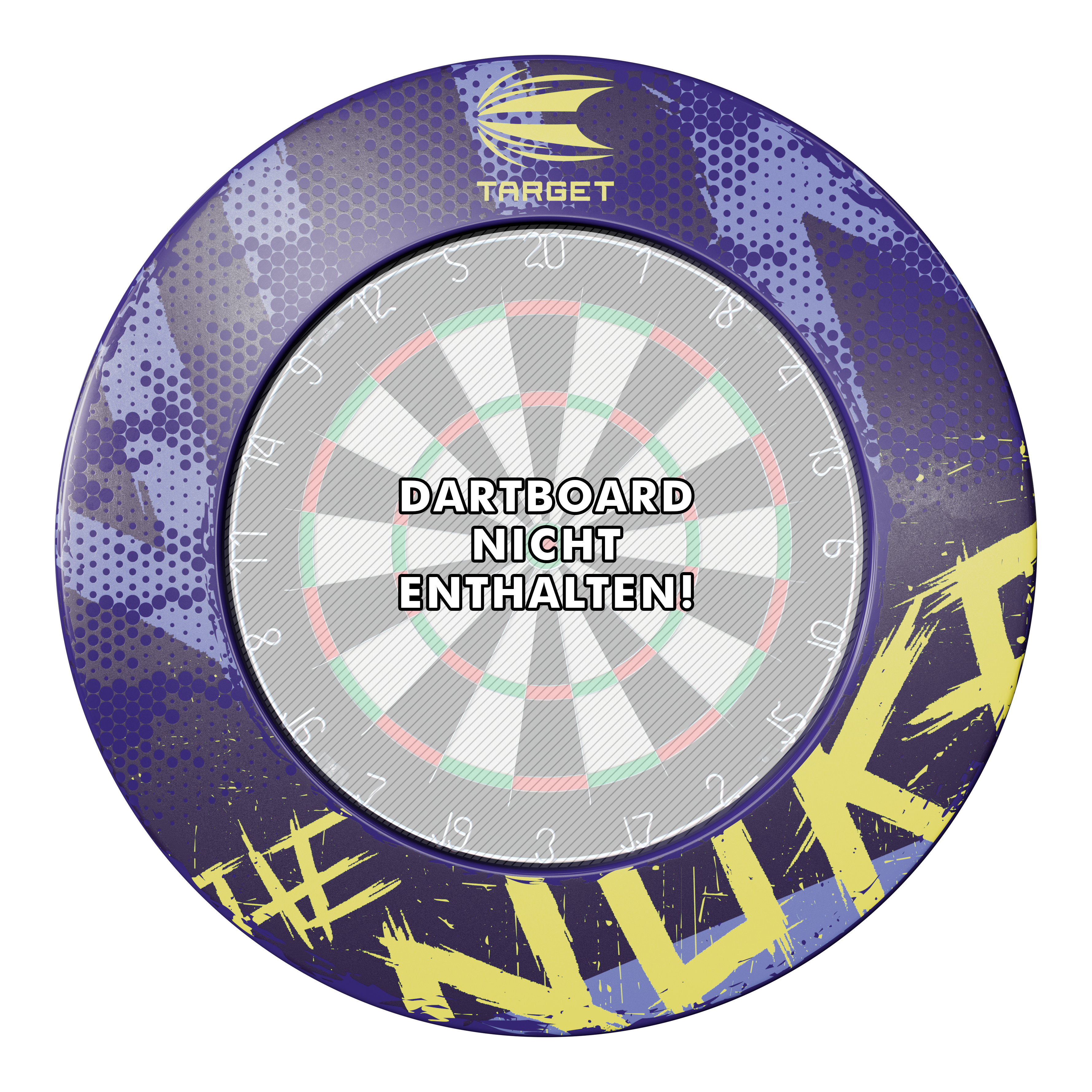 Das Bild zeigt das Produkt "Target Luke Littler The Nuke Dartboard Surround" in buntem Design. In der Mitte steht der Hinweis "Dartboard nicht enthalten!"